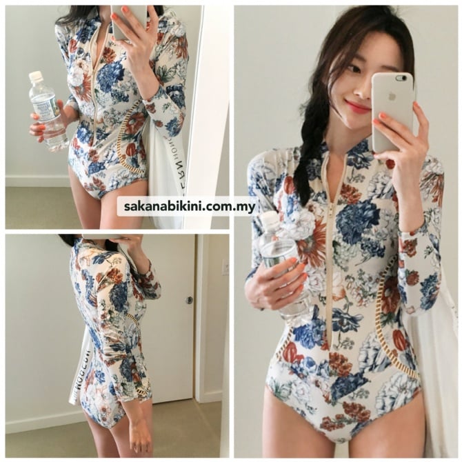 复古印花拉链长袖泳衣