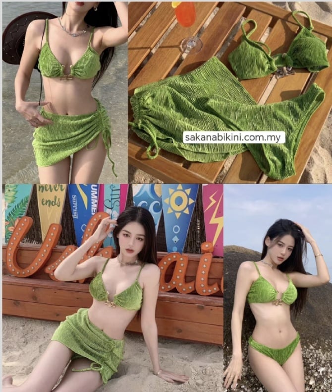 草绿色三件套绒布比基尼