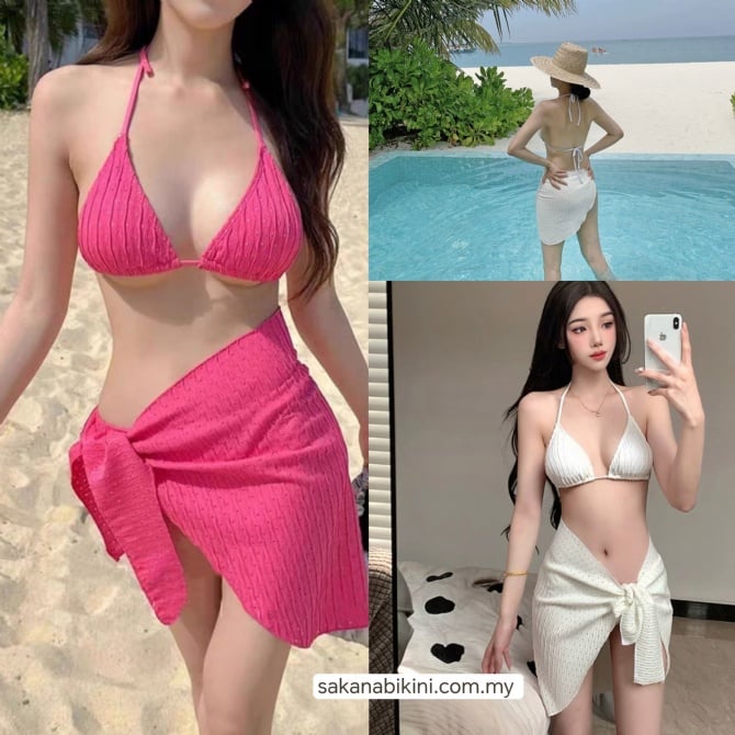 玫红/奶白三件套比基尼