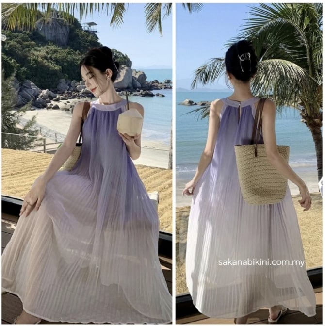 渐变浪漫紫沙滩长裙