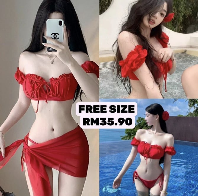 超显白红色三件套比基尼