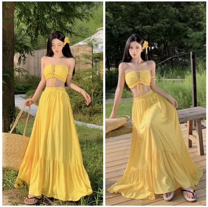 显白黄色沙滩两件套