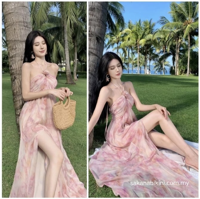 唯美玫瑰色度假长裙