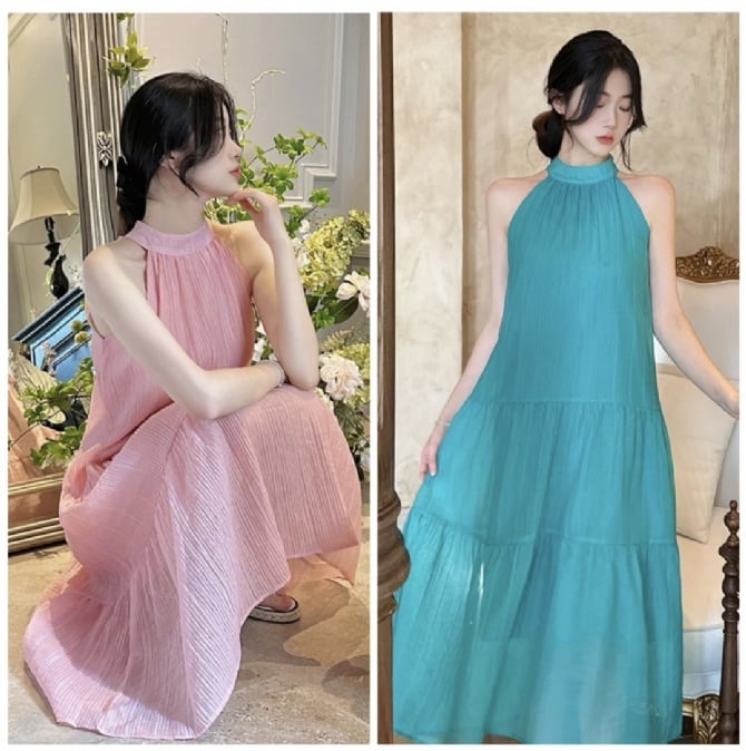 粉色/湖蓝高级感挂脖度假裙