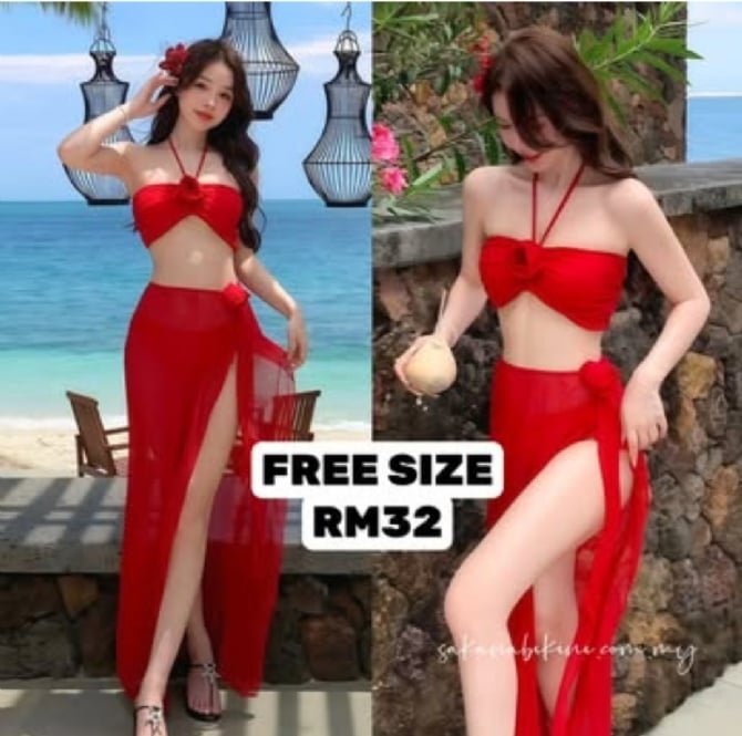 显白红花三件套泳衣