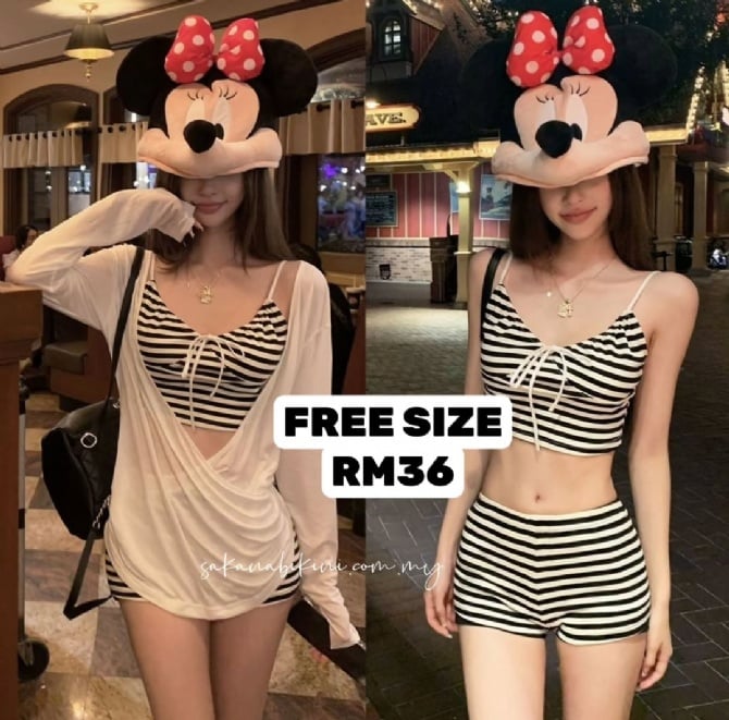 美式复古条纹三件套比基尼