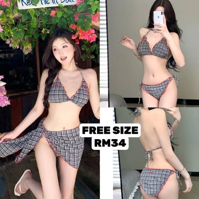 三件套复古格子比基尼